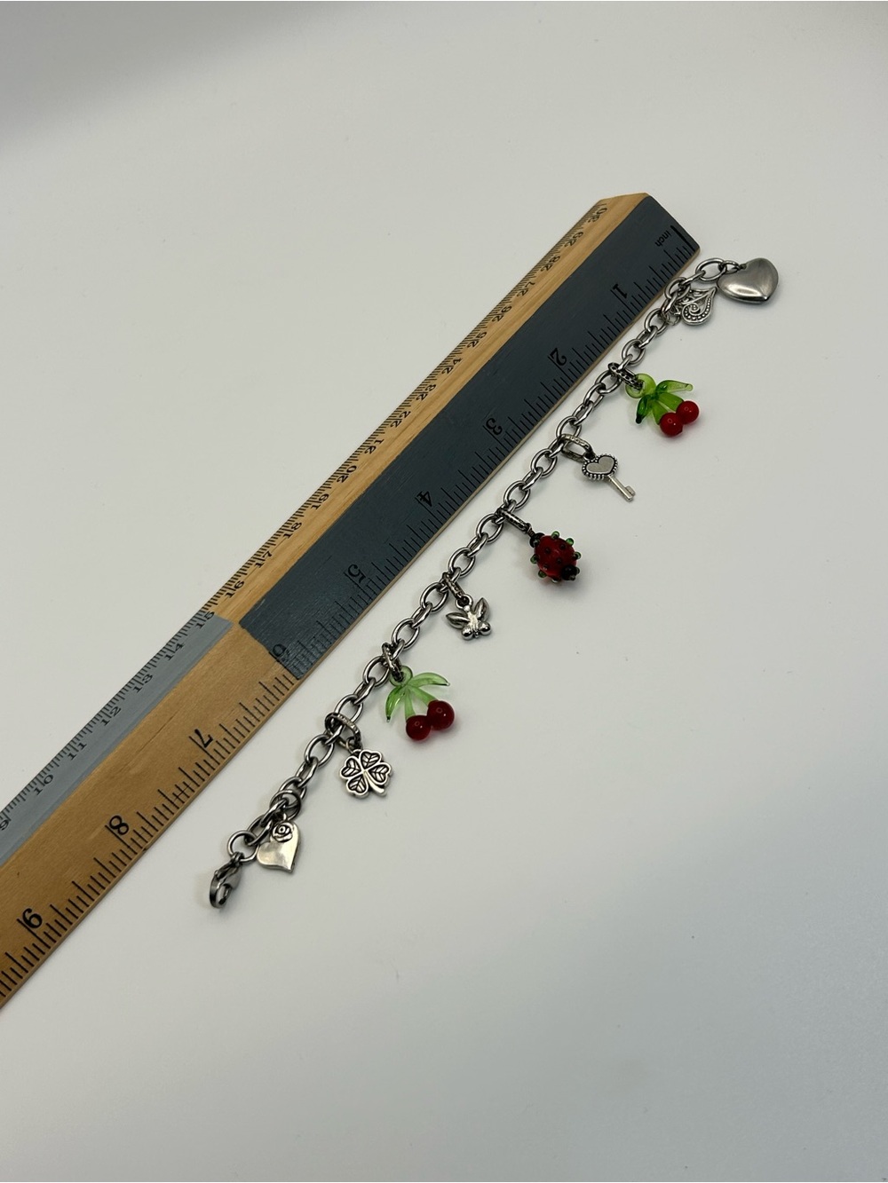 Red Cherry Charm Bracelet Silver-tone Strawberry Hearts Clover Oval Link 8" - Picture 9 of 10